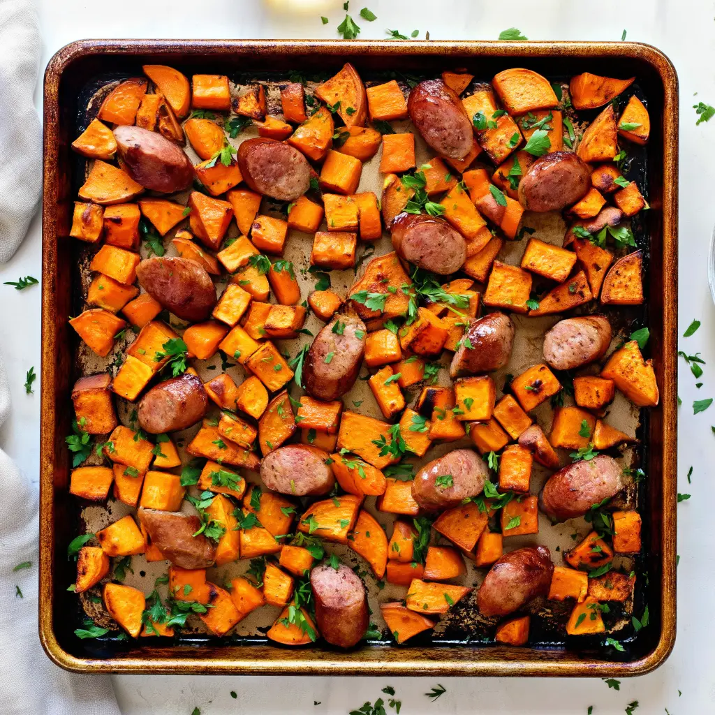 sheet pan sausage and sweet potatoes